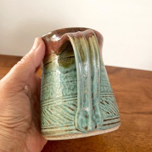 Pottery Mug 16oz Turquoise and Brown/ Signed By Artist 4 1/2” Tall - Picture 3 of 10
